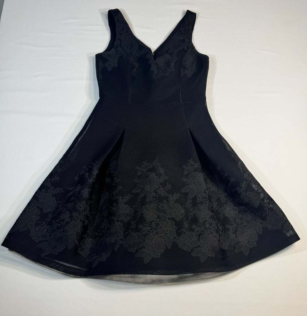 DKNY Black Floral Embroidered Mesh Fit and Flare Cocktail Dress